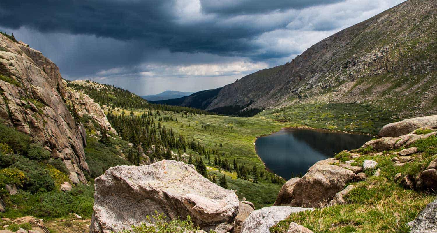 chicago lakes from above with storm brewing near mt evans colorado