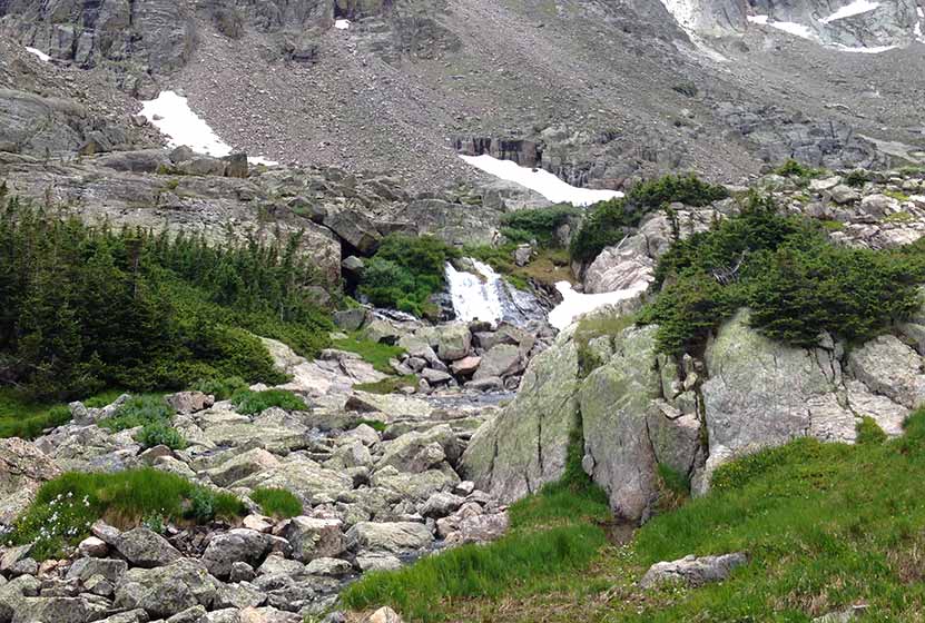 cascade between sky and lake of glass