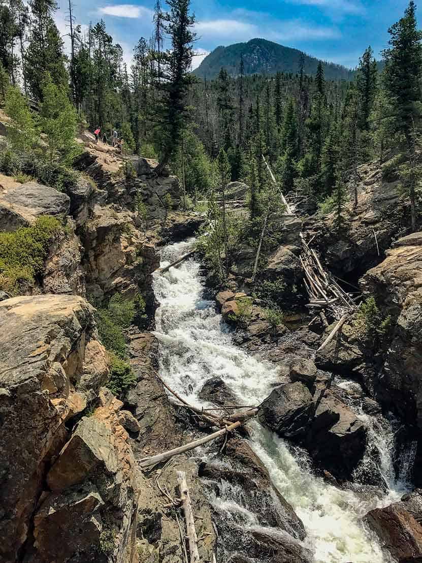 waterfall tumbling over rock with mountain and trees in background rocky mountain national park adams falls