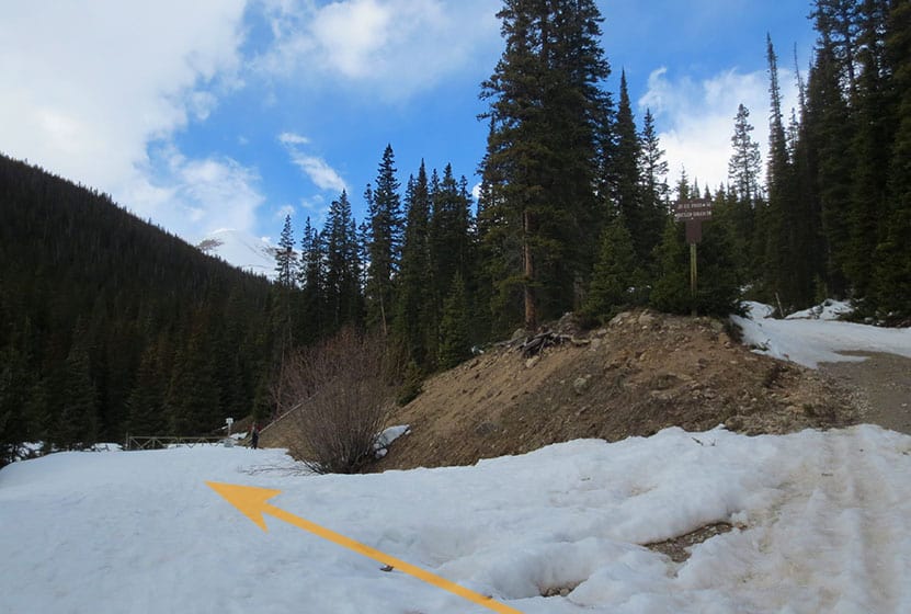 snowy trail split along butler gulch with arrow pointing to butler gulch trail