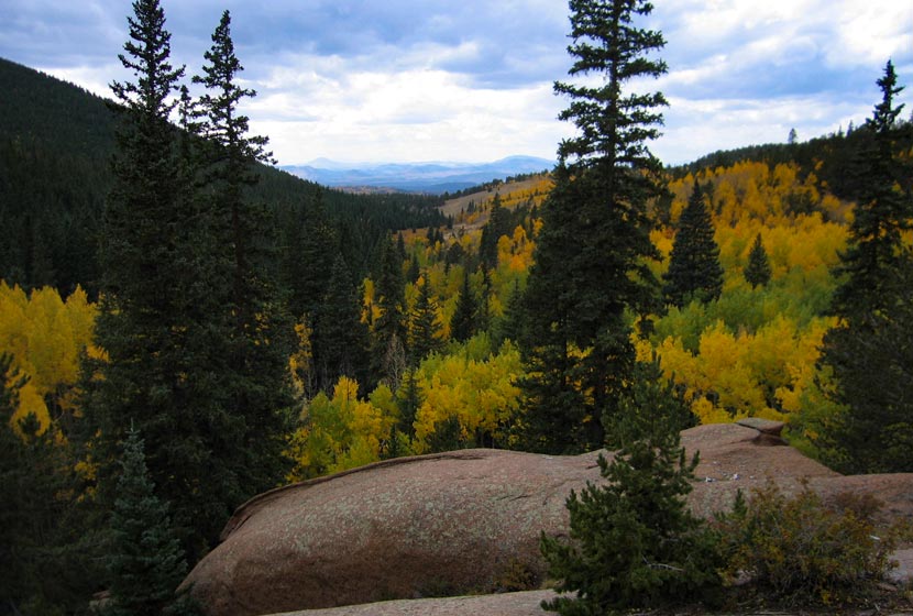 aspens and evergreens on the west side of pikes peak near pancake rocks and horsethief falls