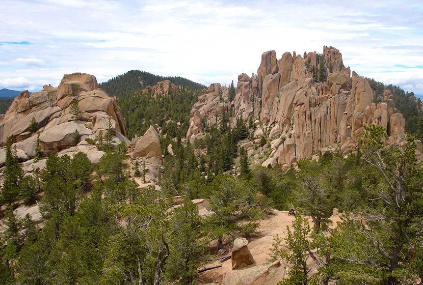 crags rock formations of pink granite on crags trail near colorado springs