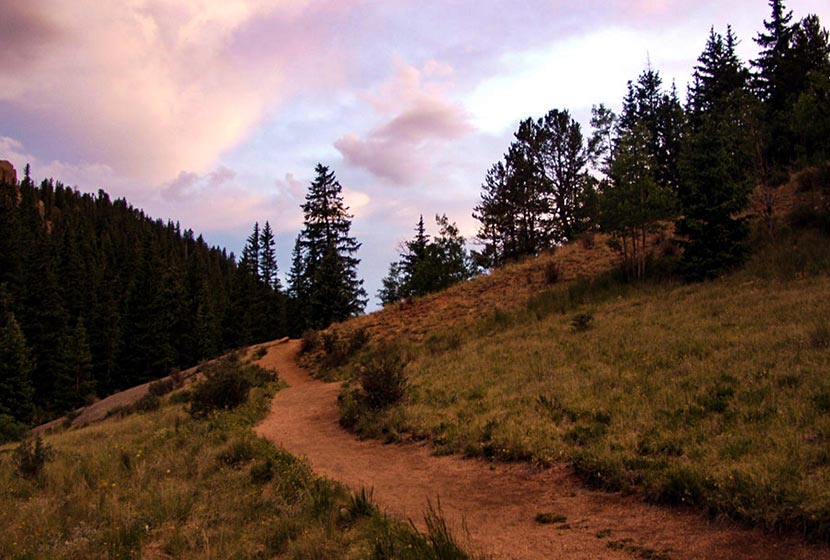 trail at sunset at the crags near colorado springs hike with purple clouds and evergreen trees in background