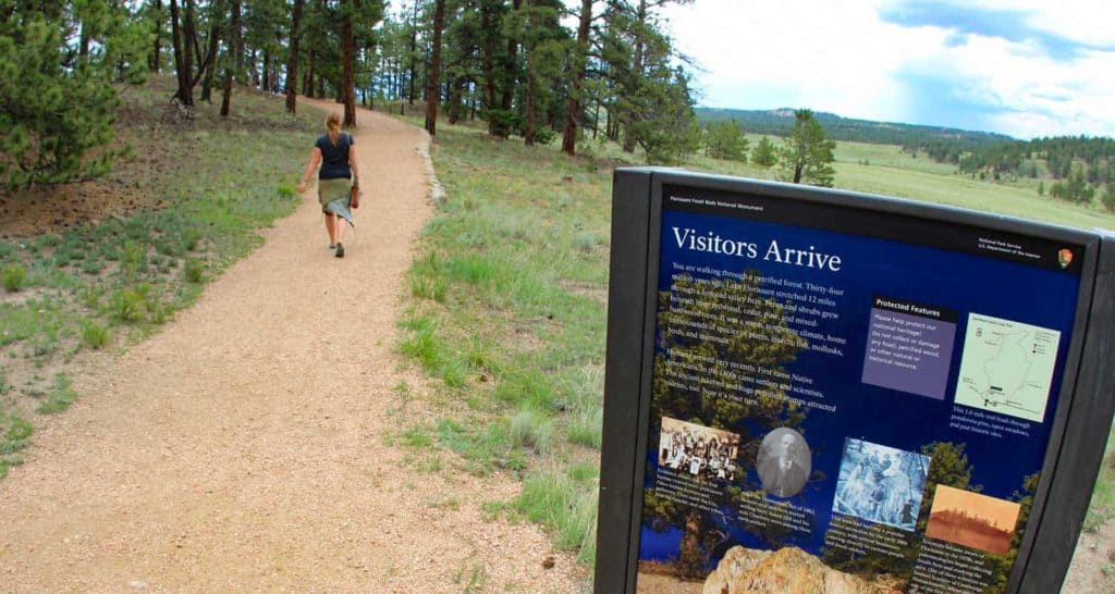 woman hiking along trail at petrified forest of florissant fossil beds in colorado with sign in foreground meadows and evergreen trees