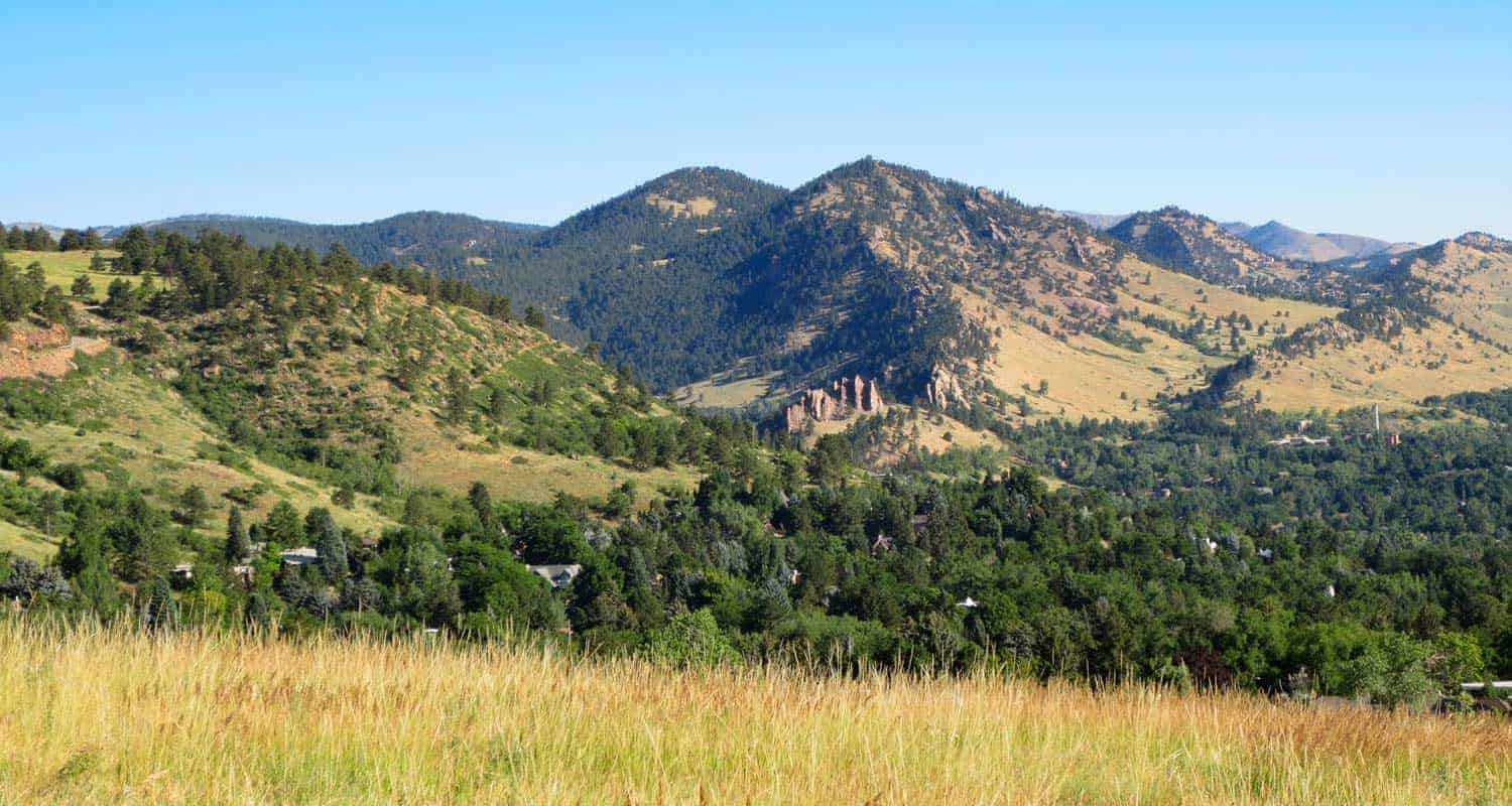 view from chautauqua park looking north toward settlers park red rock formations in boulder colorado