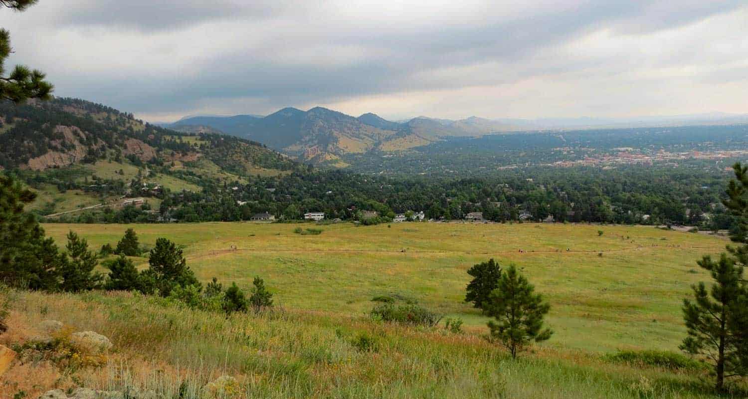 view of the chautauqua meadow at the base of boulder's flatirons